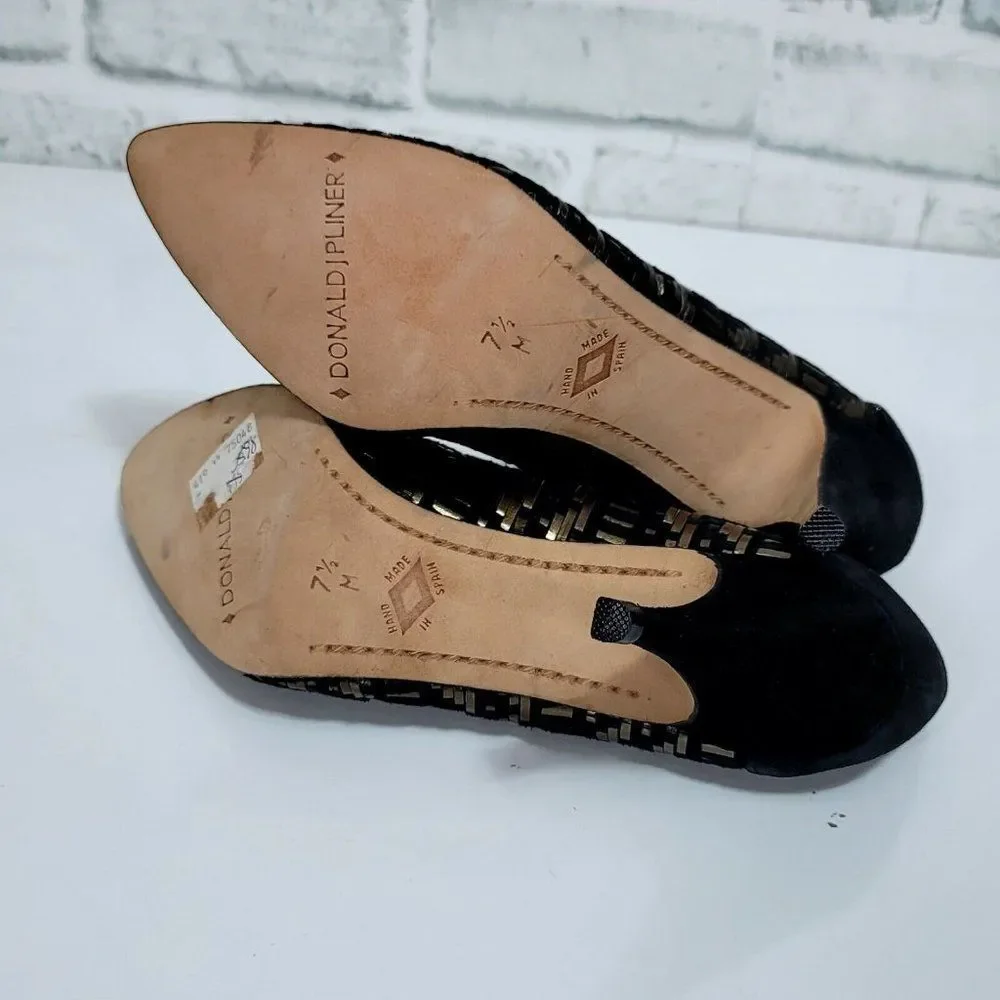 Vintage 90s Donald J Pliner Womens 7.5 Woven Black Gold Pump Heels‎